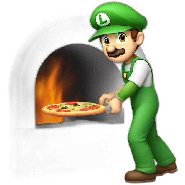 luigi holding a pizza shovel in his hands and putting a pizza into the pizza oven emoji