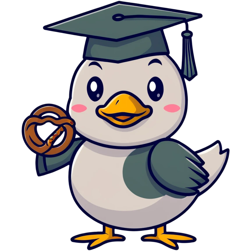 duck with bread graduation cap holding a pretzel emoji