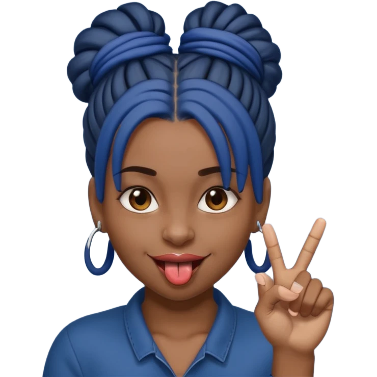brown girl with dark blue dreads all in a bun with tongue out holding up middle finger emoji