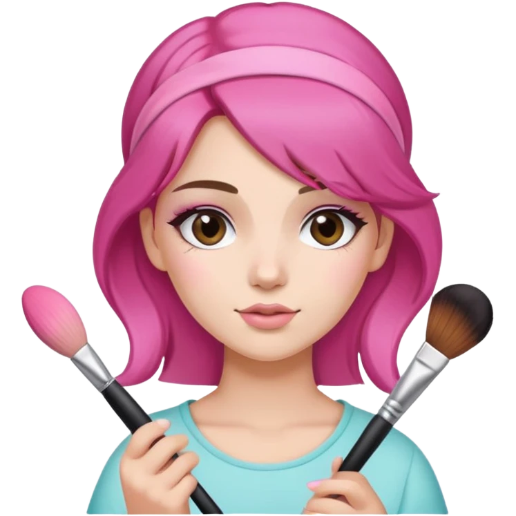 Make a brunette girl wear a hair band that’s pink holding a Make up brush for blush emoji
