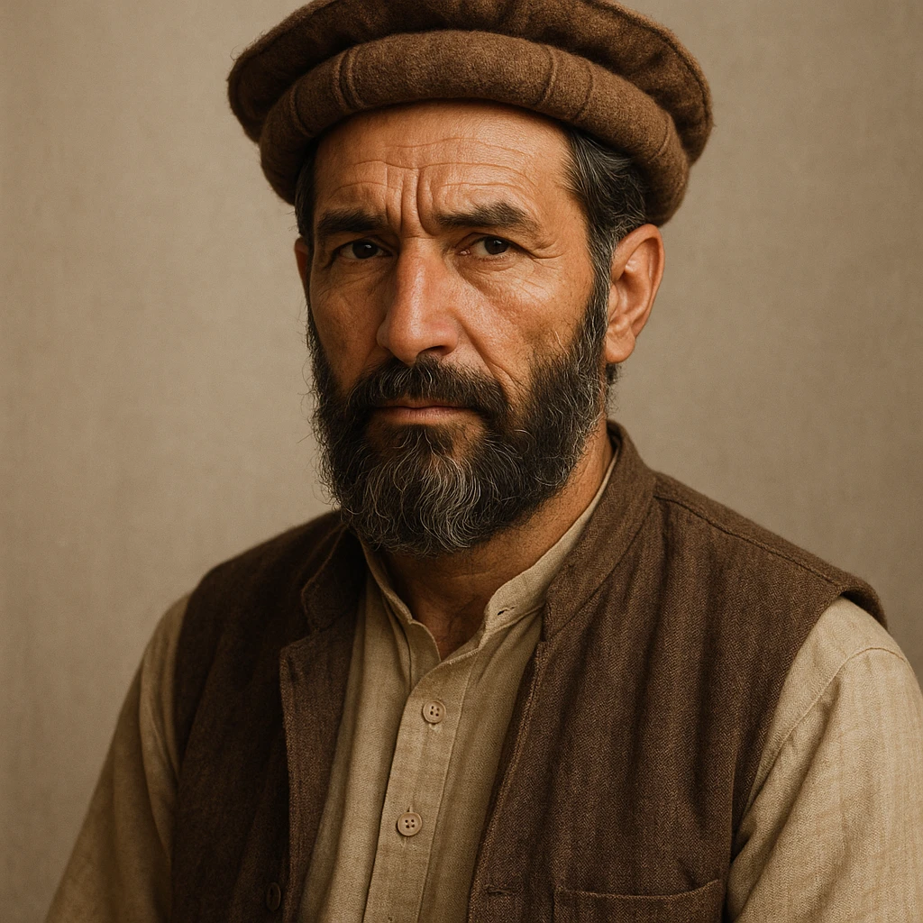 Pashtun man in traditional attire, pakol hat, beard, detailed facial features, neutral background emoji