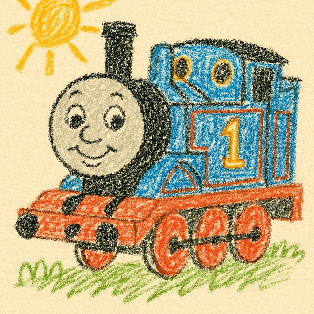 Thomas the Tank Engine, classic children's book illustration, warm colors, textured, friendly expression emoji