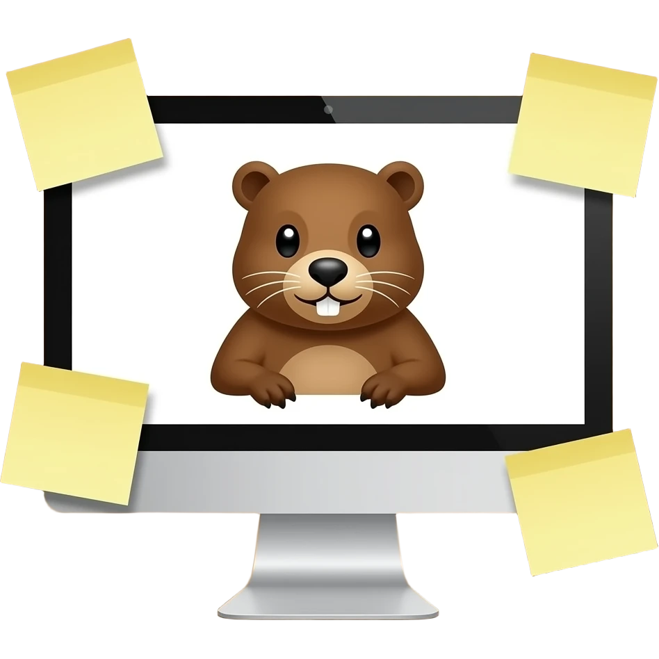 completely white computer monitor with only 3 soft yellow colored sticky notes randomly placed on the sides of it and a light brown background on the screen with a beaver on it emoji