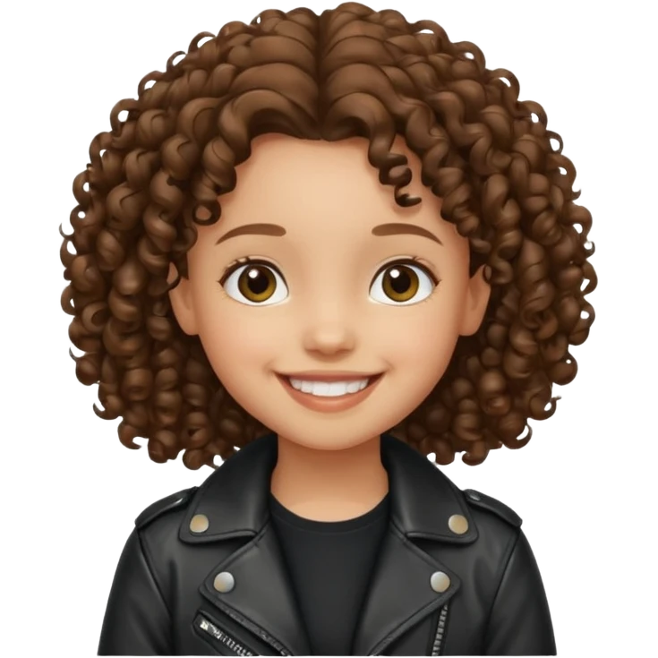 girl kid curly brown hair wear leather jacket, smile happy emoji