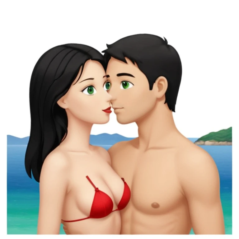 Blonde Woman, green eyes, Red thong, naked breast, Kissing man with blue eyes, black Hair, Background sea  emoji