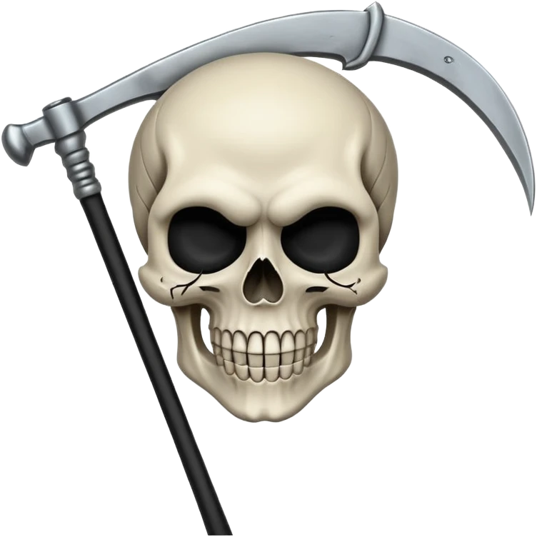 A laughing skull with a scythe crossed behind it, one eye socket winking. Clean, stylized lines, flat vector. Medieval woodcut style. Black and white with one accent color (tarnished silver). No background. emoji