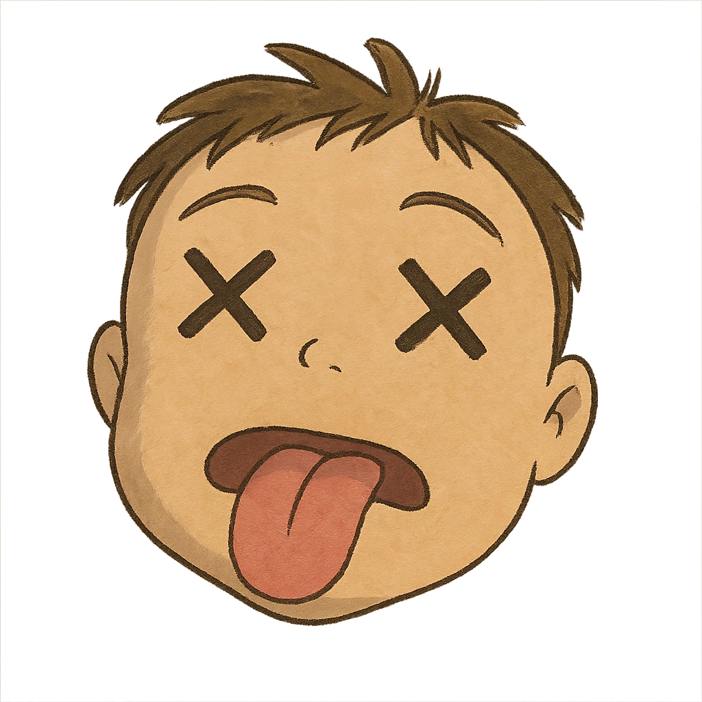 ghibli style dead face with cross eyes and tongue out emoji