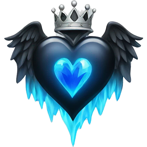 Black heart with blue flames and wings and a silver crown with blue gems  emoji