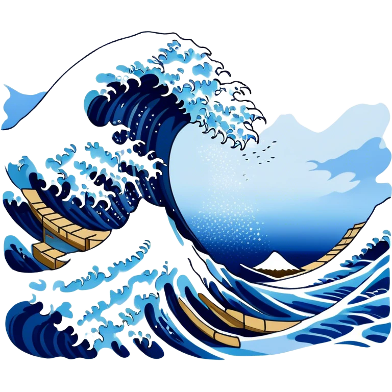 Cinematic Realistic Great Wave off Kanagawa, depicted as a colossal, crashing wave with dynamic blue hues and frothy white crests, rendered with intricate textures and fluid motion that captures both the timeless power and poetic beauty of the iconic Japanese artwork emoji