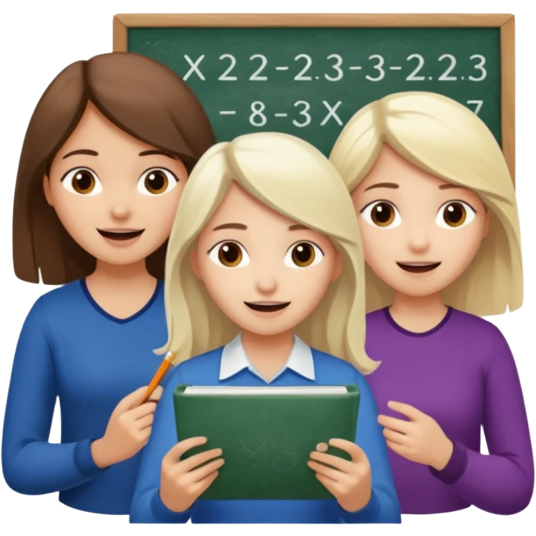 Mexican brown haired girl, white blond haired girl, and white brown haired girl all trying not to laugh while doing math emoji