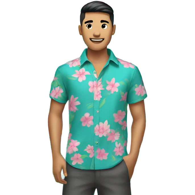 Teal hawaian shirt with pink flowers, Asian young man emoji