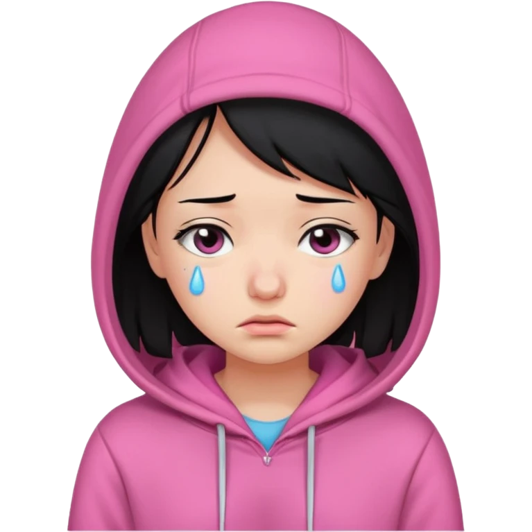 a portrait of sad girl, black hair, wear pink hoodie  emoji