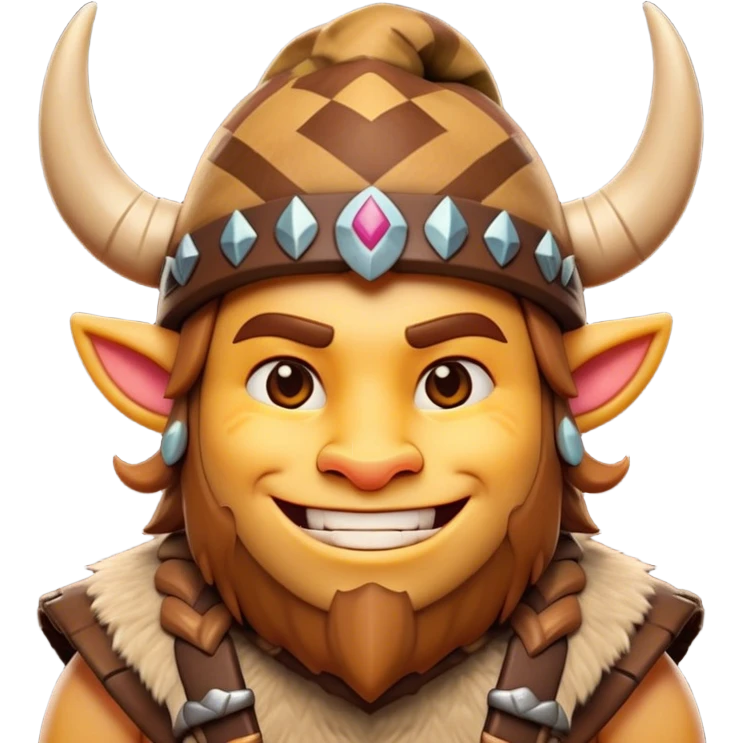 Cinematic Playful Barbarian Portrait Emoji, Head tilted with a cheeky grin and lively eyes, featuring a compact, stylized build in patchwork furs and a whimsical horned cap, Simplified yet irresistibly charming features, highly detailed, glowing with a warm, inviting glow, high shine, energetic and endearing, stylized with a touch of whimsical medieval mischief, soft glowing outline, capturing the essence of a playful barbarian that exudes friendly bravery! emoji