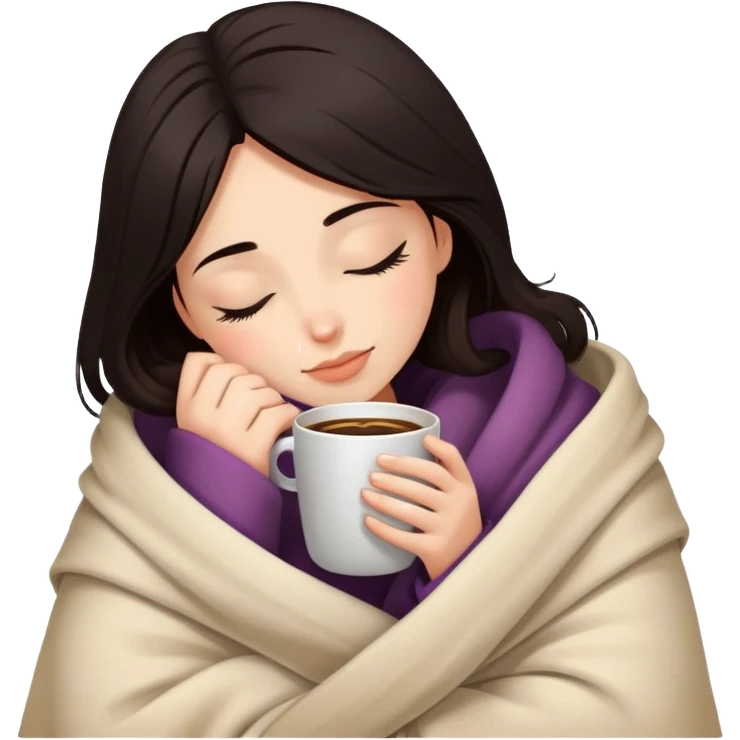 Girl with dark hair snuggled in warm blanket enjoying coffee with peaceful closed eyes emoji