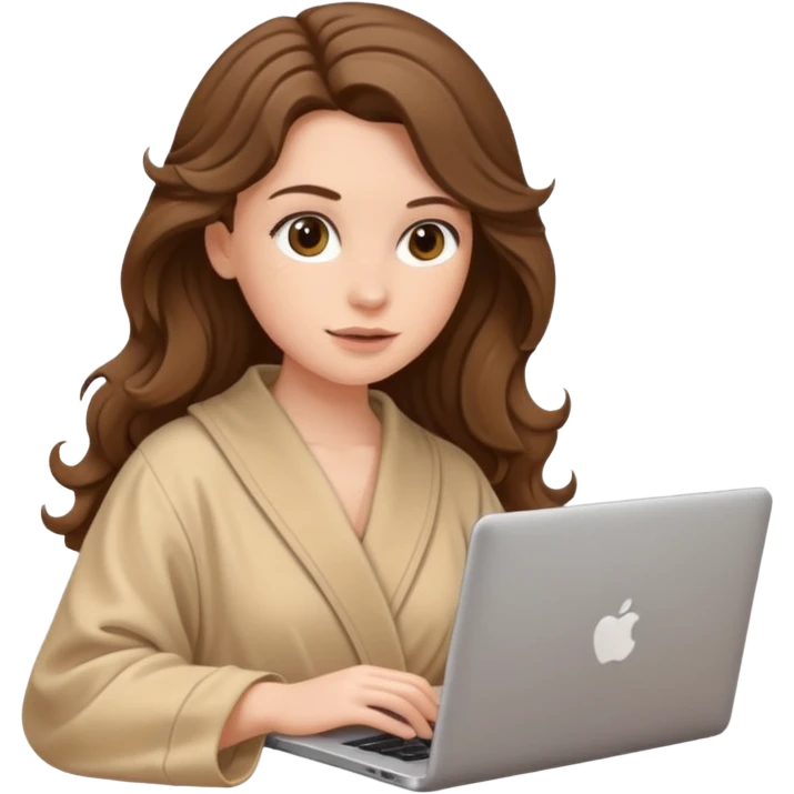 make a picture in ios 18 style of a white girl with brown long wavy hair wearing beige robe and working on a laptop emoji