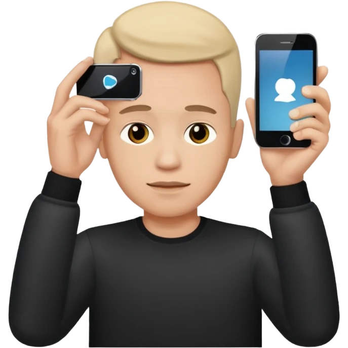 a guy holding 1 smartphone with both hands, smarphone should be horizontal, on top of his forehead emoji