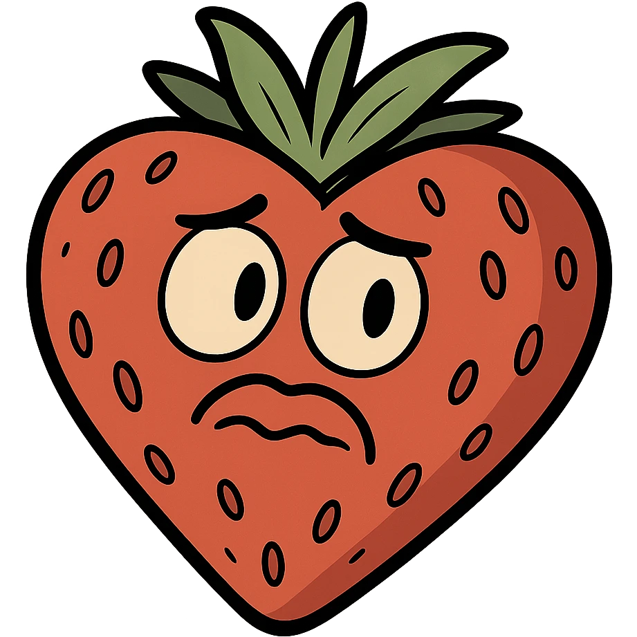 heart-shaped strawberry, cartoon style, bright red, green leaves, simple shading emoji
