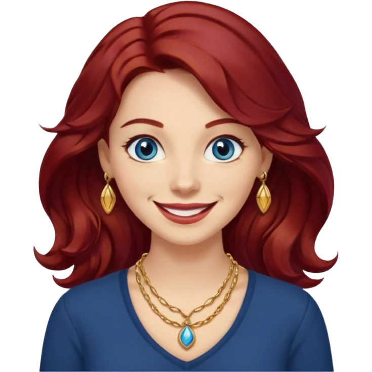 Create a custom emoji-style character inspired by a smiling woman with medium length, wavy dark red hair, light skin tone, and dark blue eyes. Emphasize a mischievous expression with a bright smile. emoji
