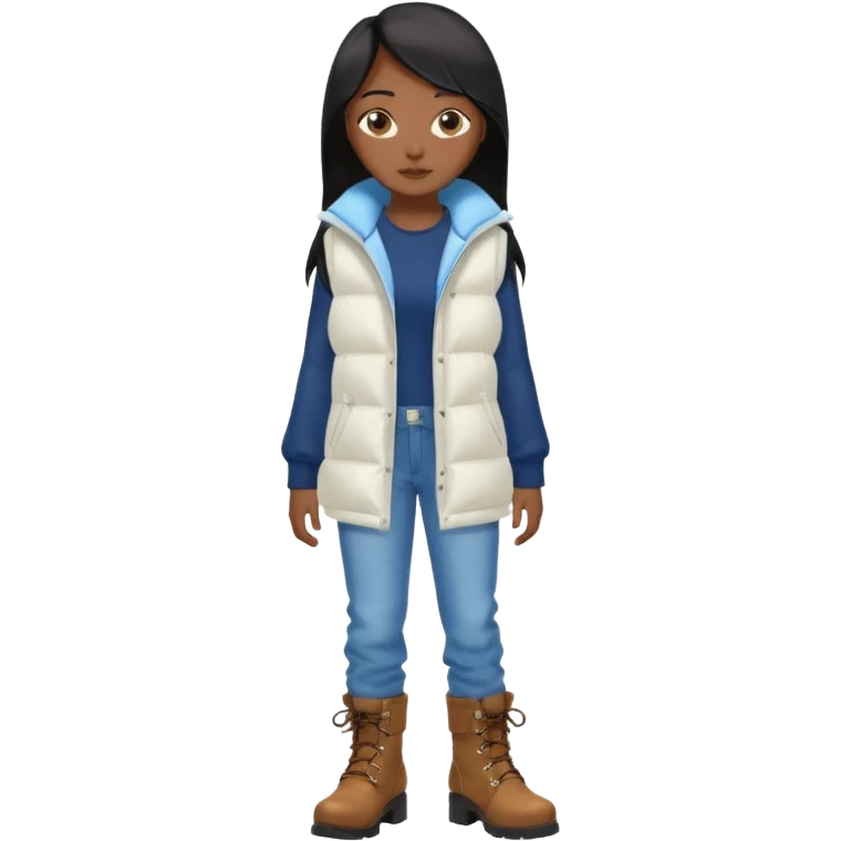 asin girl with black long slick backed hair wearing a dark blue long shirt and a puffy white sleeveless jacket on outside and light blue very baggy jeans with brown boots emoji