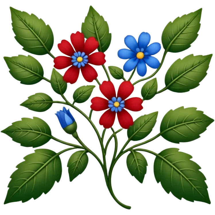 dull green leaves & red & blue flowers filigree design, extremely detailed, complex design emoji