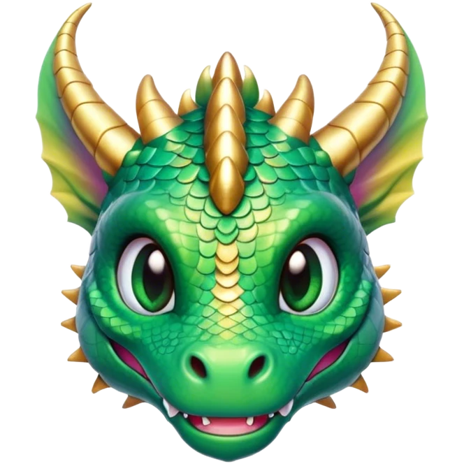 Cinematic Cute Dragon Portrait Emoji, Head tilted playfully and inquisitively, featuring a sleek, serpentine form adorned with iridescent scales that shift between emerald and gold, a delicate set of subtle horns, and round, sparkling eyes full of curious magic; rendered with realistic detail and warm natural light, high shine, affectionate and enchanting, styled with a touch of whimsical fantasy, soft glowing outline, capturing the essence of a mischievous yet lovable dragon that seems poised to slither playfully into your arms! emoji