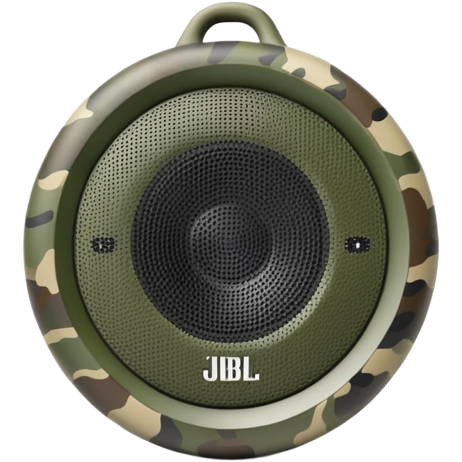 Minimalist JBL Clip 4 speaker with digital camouflage pattern, iOS emoji style emoji