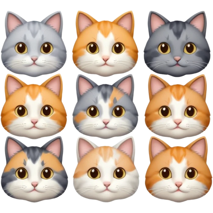 6 realistic looking cats with different natural coloured coats, assorted grey and white, greys, calico colours etc
 emoji