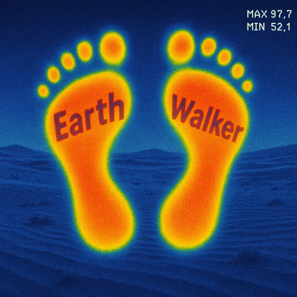 a footprint logo with the text Earth on the left footprint and Walker on the right footprint with a desert background emoji
