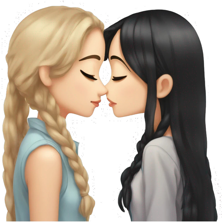 two cute anime brunette girls kissing on the lips. By brunette I mean the both have long black hair, both of their hairstyles are down. One of the girls has freckles. Super cute anime style. emoji