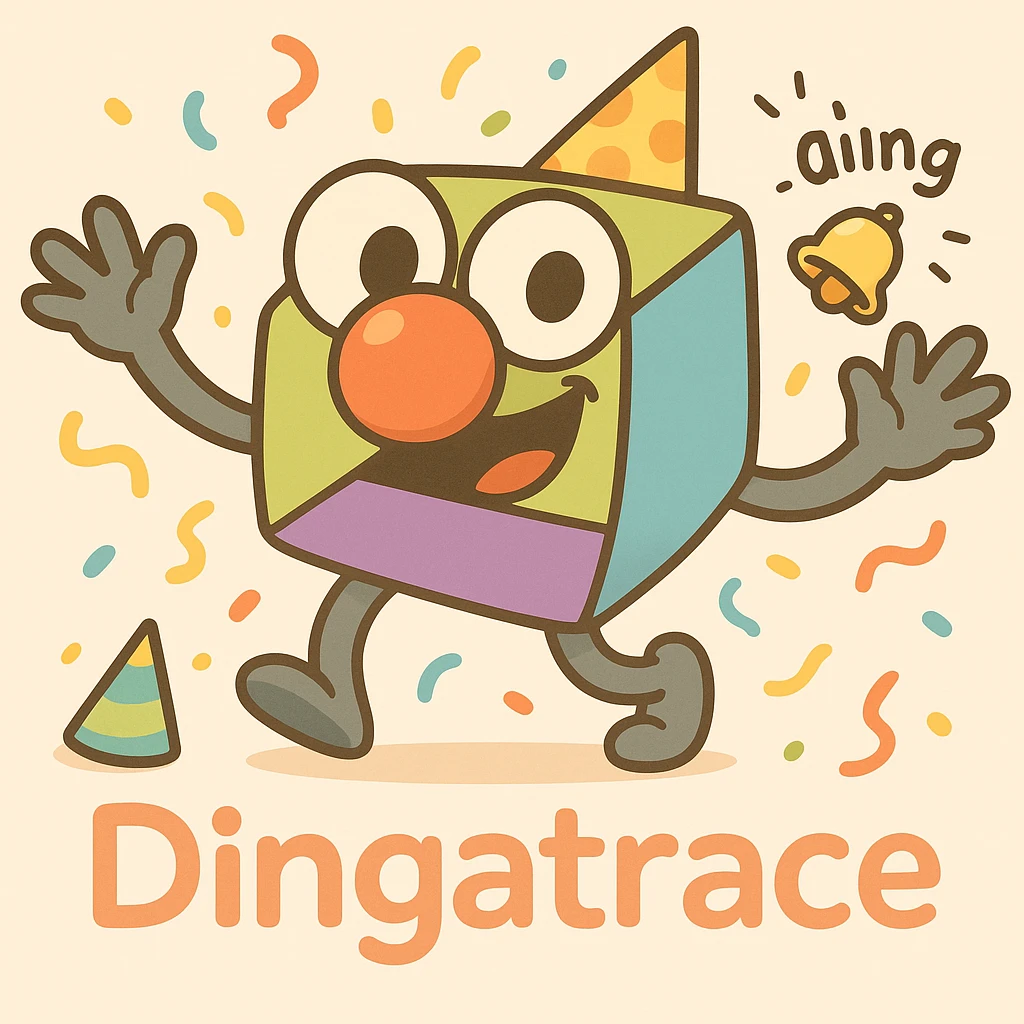 Add playful 'Dingatrace' flair by changing any Dynatrace text to 'Dingatrace'. Add a cartoon bell or ding sound effect. Preserve the party and clown theme. emoji