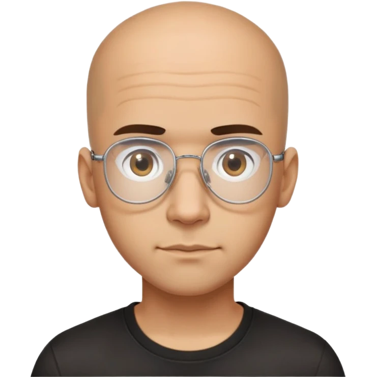 Latino man with small oval face and big forehead, clear lens aviator-style eyeglasses with metal frames, completely bald/shaved sides with very short curly dark hair only on top of head, neutral-friendly expression, light brown skin, wearing a black t-shirt emoji