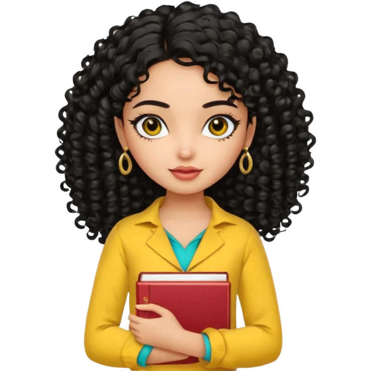 a pretty bratz girl with curly black hair wearing a yellow kurti, eyeliner, jhumkas, carrying books emoji