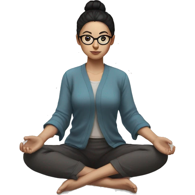 White skinned girl with glasses and a bun with black hair, meditating on the floor emoji