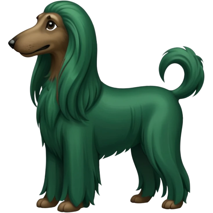 dark green dog extra furry afghan hound. The dog fur is totally dark green emoji