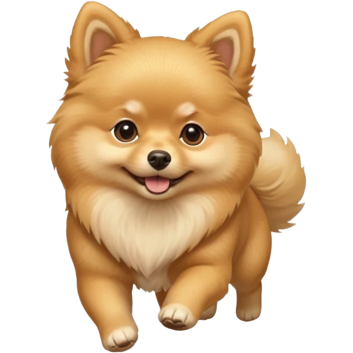 Create a cute tiny golden pomerania small not so furry- running playing and so emoji