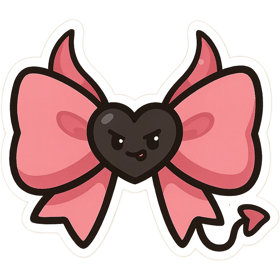 devil bow, chibi style, pink and black, tiny horns, heart-shaped center, cute but mischievous emoji