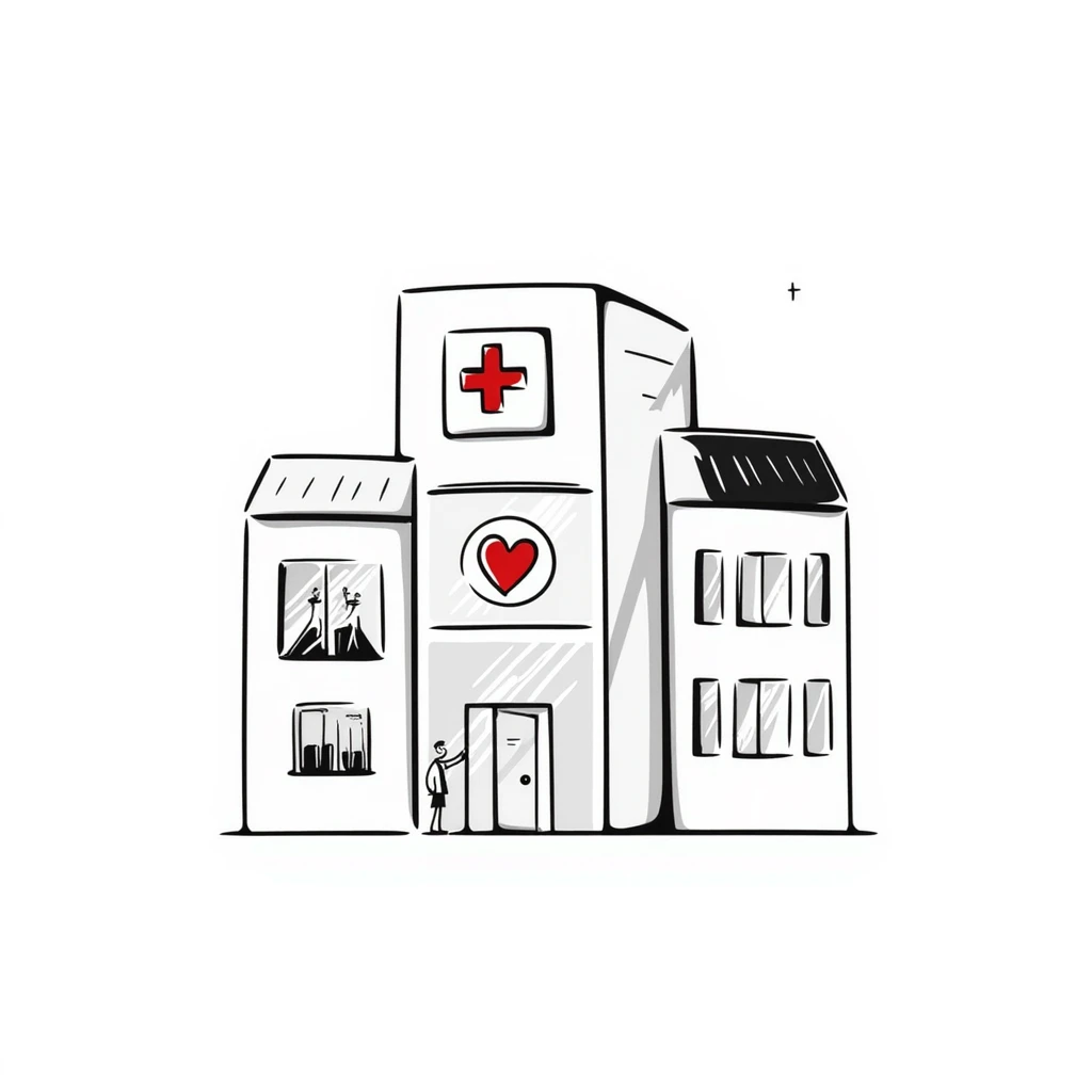 Modern clinic building with glass facade, featuring a red cross sign, test tubes on display, and a subtle heart icon, clean and medical appearance emoji