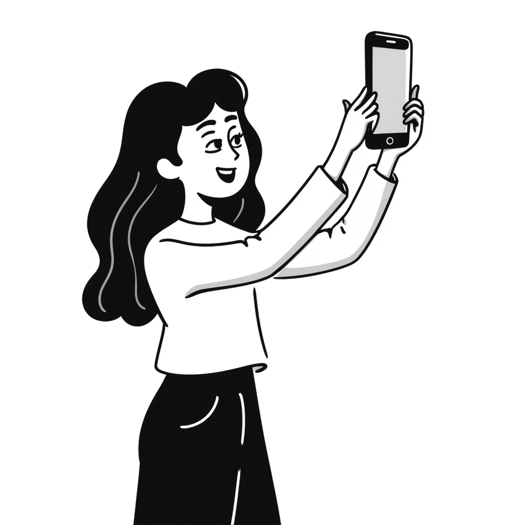 Young woman with long brown hair, casual style, taking a selfie, social media influencer emoji
