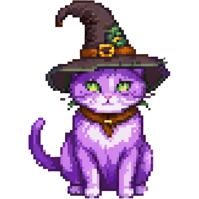 purple cat wearing a witch hat pixel art emoji