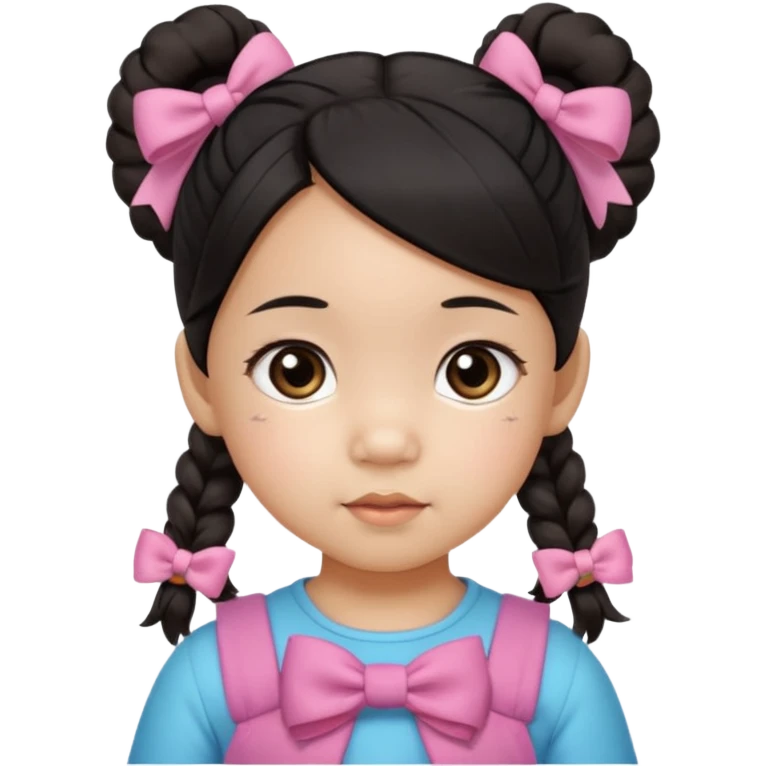 mixed toddler girl asian and american with bow pigtails, dark brown/black hair with big brown eyes emoji