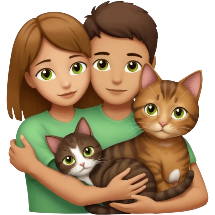 Crea un emoji donde salga un chico moreno con los ojos claros, una chica morena con los ojos marrones y un gato europeo comun de pelaje oscuro y ojos verde claro, quiero que se esten abrazando y el gato este en el medio de los dos emoji