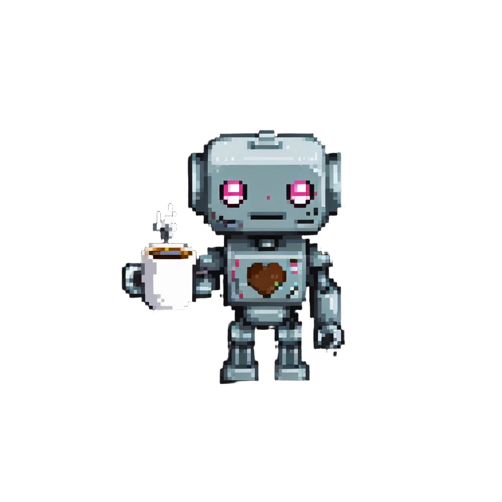 A robot character holding a coffee mug emoji