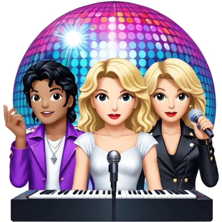 Pop music icon: vibrant stage with bright lights, microphone, synthesizer, disco ball. Collage of famous pop artists—Michael Jackson, Madonna, Britney Spears, and Taylor Swift—symbolizing iconic eras. Energetic and dynamic. Transparent background. emoji