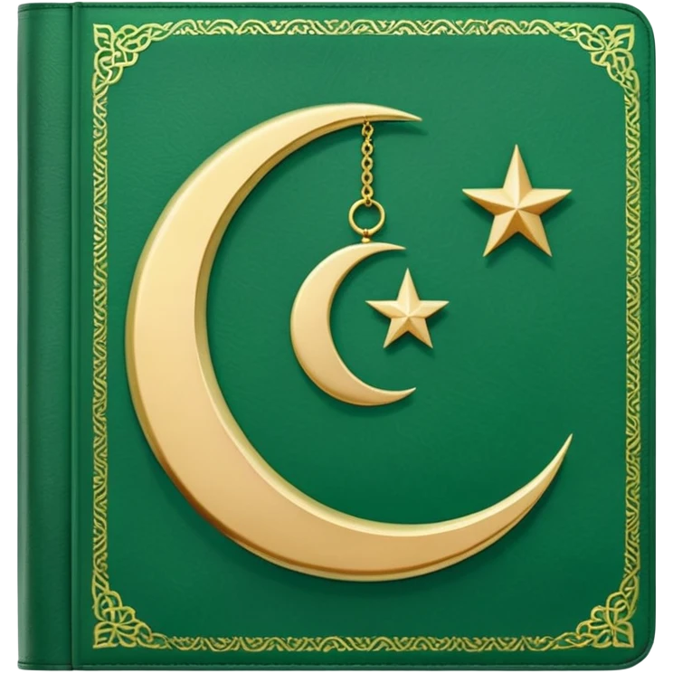 Closed Quran with the Islamic Symbol on it (moon and star) green from left to right emoji
