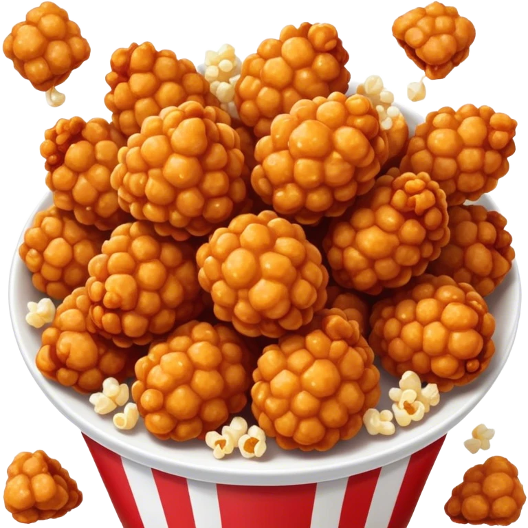 Korean Fried Chicken Cinematic Realistic Korean Fried Chicken Dish Emoji, depicted as bite-sized popcorn chicken pieces generously coated in a glossy, spicy sauce, rendered with crisp textures and dynamic, appetizing lighting. emoji