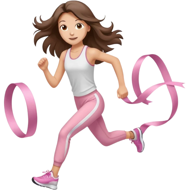 white happy brunette teen long hair with hazel eyes in light pink workout clothes jogging and breaking a ribbon race finish line emoji