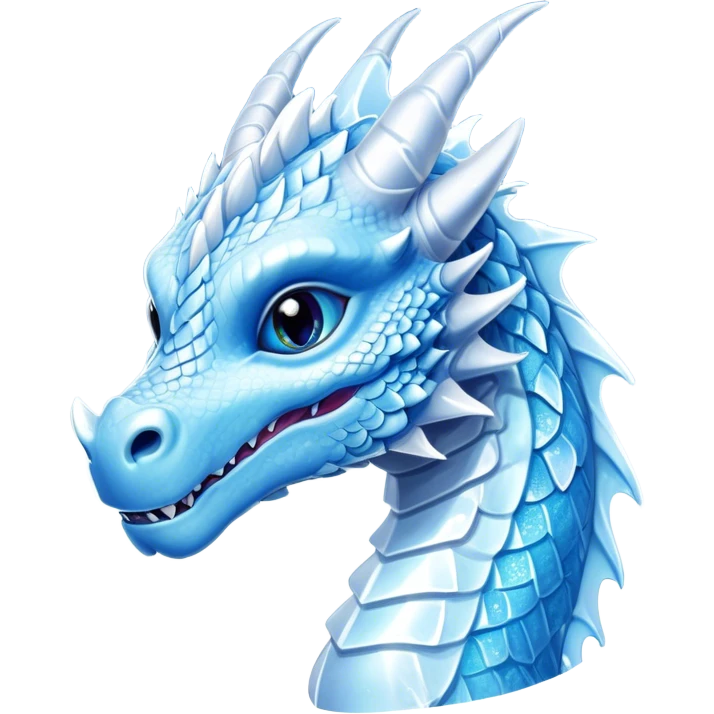 Cinematic Cute Beautiful Ice Dragon Portrait Emoji, Head tilted playfully and inquisitively, featuring a sleek, glacial form with intricately detailed, frost-kissed scales in shimmering blues and sparkling silver, accented by delicate ice crystal patterns and a gentle, enchanting glow; rendered with lifelike clarity and soft, natural light, high shine, charming and cool, styled with a touch of wintry fantasy, soft glowing outline, capturing the essence of a mischievous yet endearing ice guardian poised to twirl playfully into your dreams! emoji