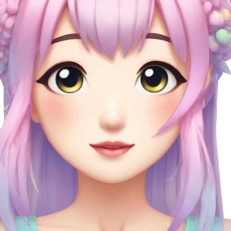 Gorgeous anime style shojo character with blushing face aesthetic and pretty colorful shiny gradient pastel hair trending style emoji