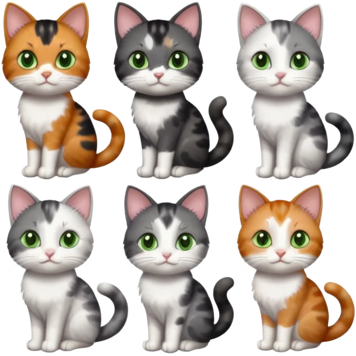 6 different coloured small cats including a dark grey and white, and a patchy calico, and a brown tabby and white,  and a completely solid dark grey with green eyes and only white paws emoji