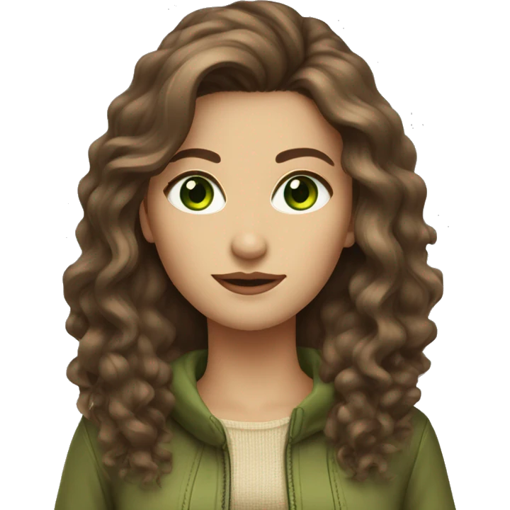 woman long medium brown voluminous hair with green eyes beige skin and hot outfit emoji